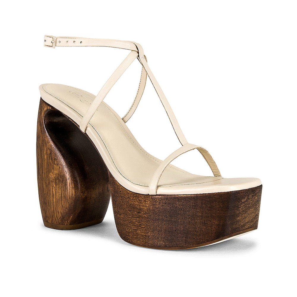 Cult Gaia Chiara Leather Ankle Strap Wooden Heel Platform Sandal Off White EU 40